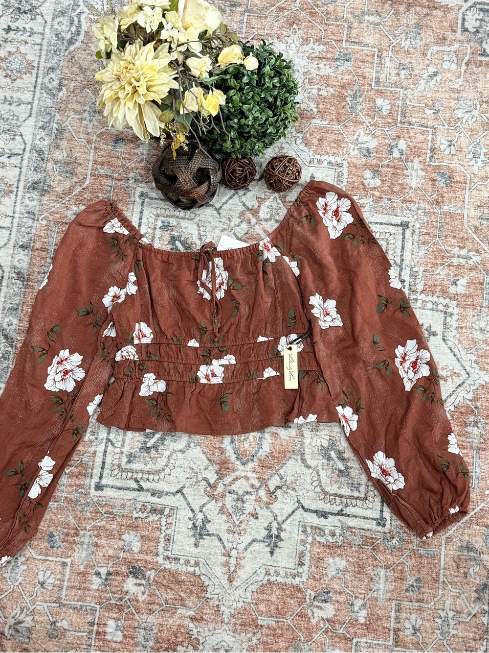 liberty Rust Brown Floral Off-Shoulder Crop Top